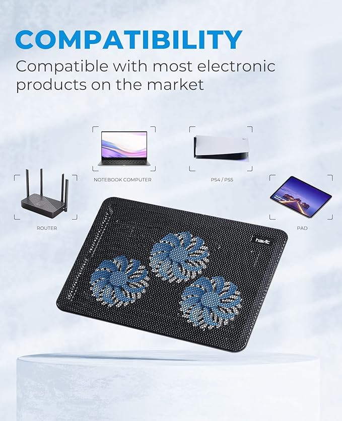 havit HV-F2056 15.6"-17" Laptop Cooler Cooling Pad - Slim Portable USB Powered (3 Fans), Black/Blue | Three quiet USB-powered fans circulate air below the laptop, two height settings improve viewing and typing comfort - Image 3