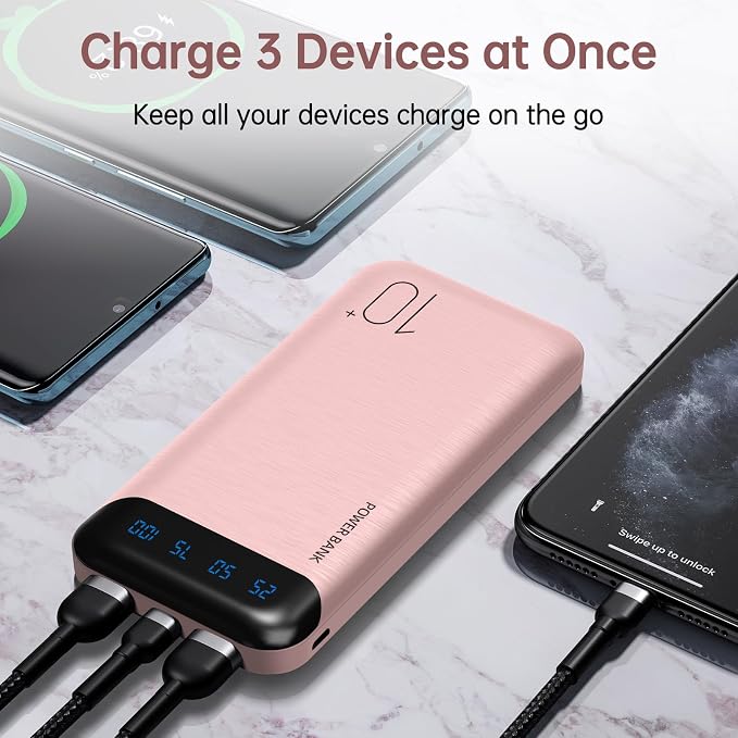 YOBON Power Bank 10000mAh Portable Charger Slim Battery Pack with 2 USB 2.4A Outputs and USB C in/Out Compatible with Huawei iPhone 16 15 14 13 12 iPad Samsung Galaxy S20 Android Tablet (Light Pink) - Image 7