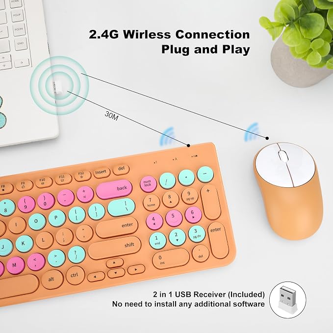 Wireless Keyboard and Mouse Combo, Retro Typewriter Keyboard with Round Keycaps, 2.4GHz USB Cute Wireless Keyboard Mouse for Computer, Desktop, Laptop and Computer (Orange Colorful) - Image 2