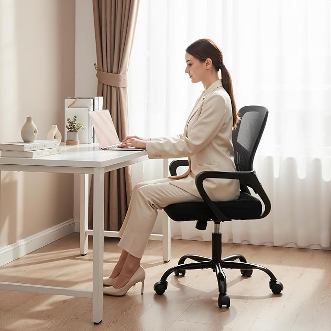 OLIXIS Ergonomic Office Desk Chair, Mid-Back Executive Computer Chair | Fixed Armrest, Rocking Mode, Height Adjustable, 360° Rolling Swivel Adults, Student, Black - Image 8