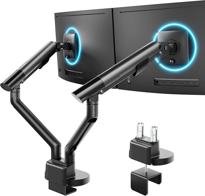 monTEK Aluminum Dual Monitor Arm for 17-35" Screens, 24.3 lbs Each, Black | Mechanical spring, tension indicator, full motion, VESA 75/100 compatibility, clamp/grommet bases and cable routing by monTEK