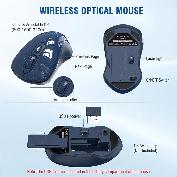 Wireless Keyboard and Mouse Combo, EDJO 2.4G Full-Sized Ergonomic Computer Keyboard with Wrist Rest and 3 Level DPI Adjustable Wireless Mouse for Windows, Mac OS Desktop/Laptop/PC(Galaxy Blue) - Image 5
