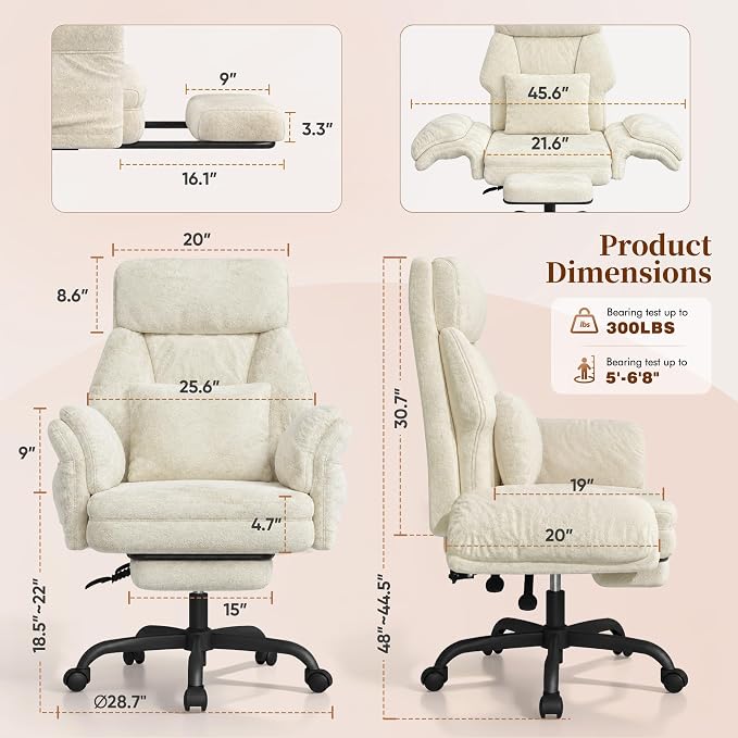 C57 Ergonomic Reclining Office Chair with Footrest, Velvet Desk Chair with 6-Stage Adjustable Wing Armrests for Cross Legged Sitting, Pet Friendly High Back Lounge Gaming Chair for Home Office - Image 2