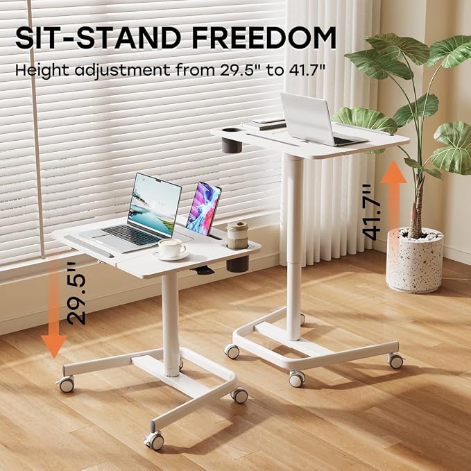 JOY worker Mobile Standing Desk, 60° Tiltable Rolling Laptop Desk, White | Pneumatic Height Adjustable Cart, Portable Sit Stand Desk with Wheels & Cup Holder for Office Home School, Holds Up to 22lbs - Image 4