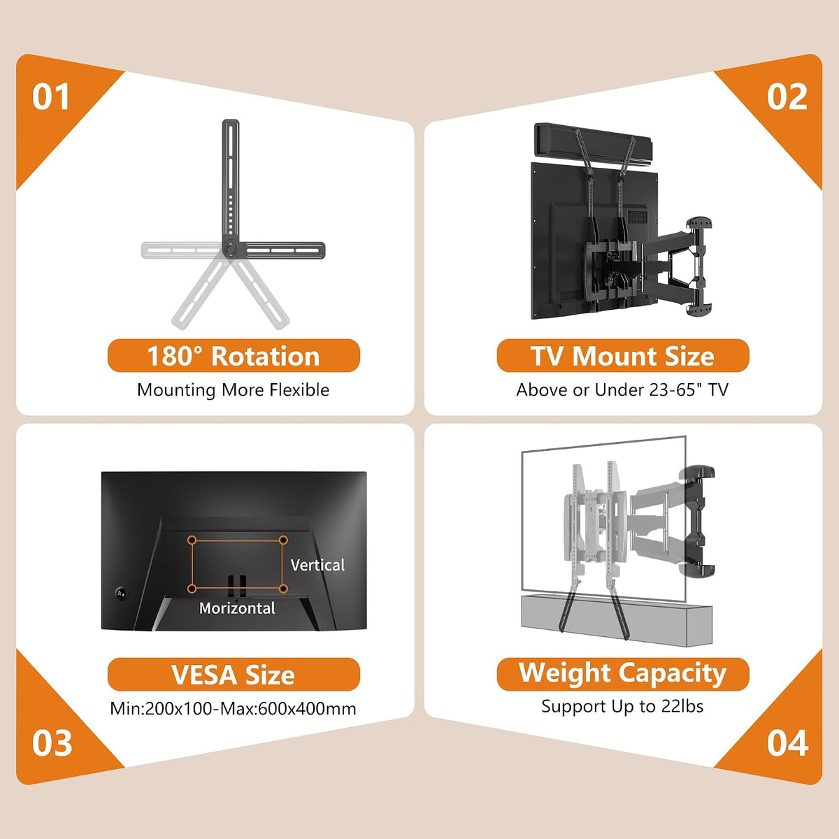 Universal Sound Bar Mounts Fits Most 23 to 65 Inch TVs Soundbar TV Mount Bracket Above or Under TV, up to 22 lbs SBR302 - Image 4