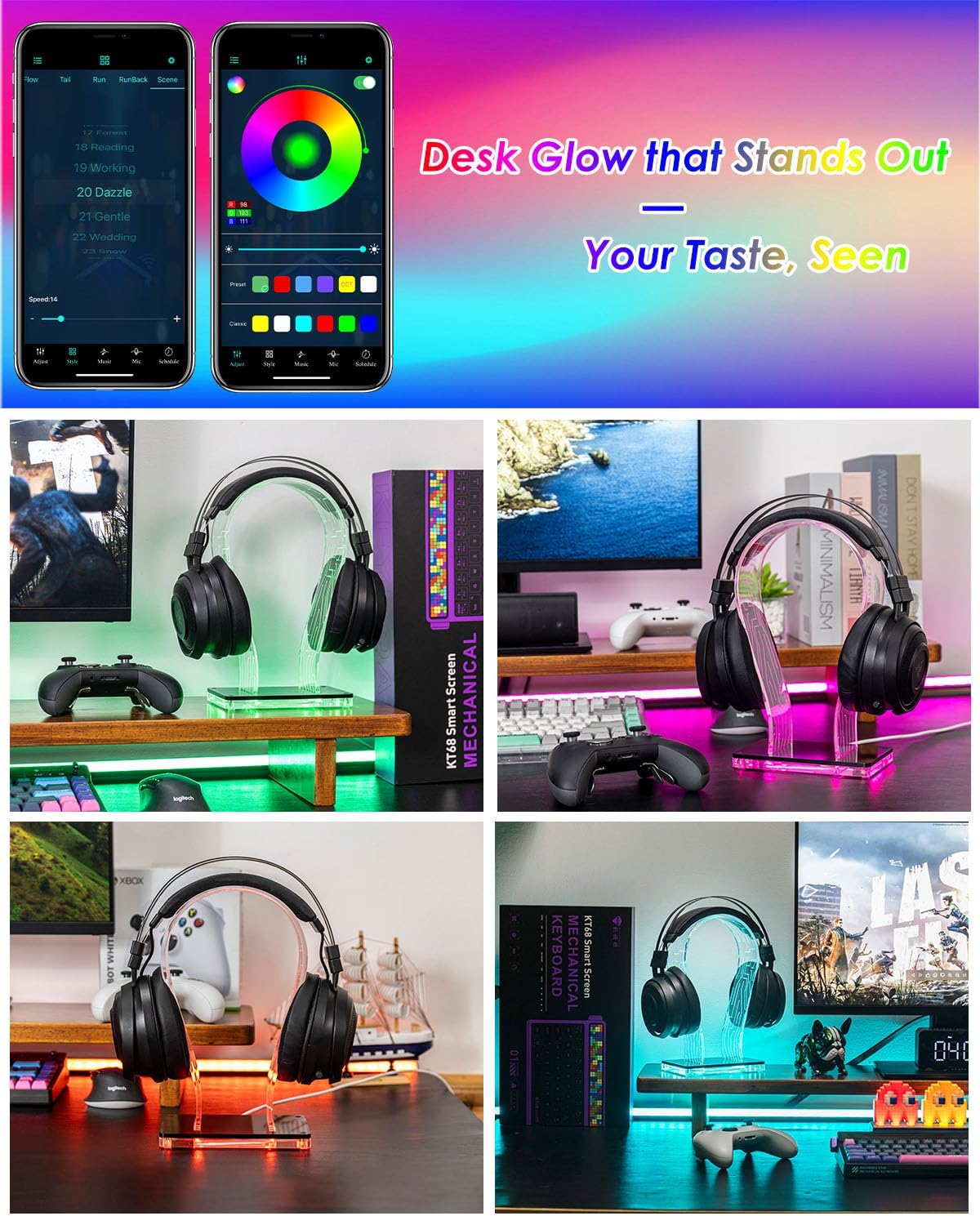 Acrylic RGB Headphone Stand for Desk with Many Light Modes & Colors - Image 3