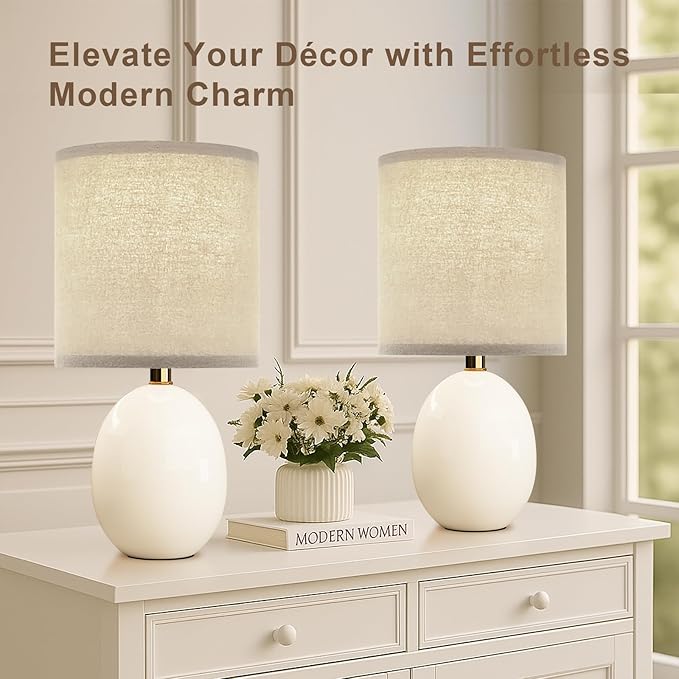 17.3" Table Lamp Set of 2 for Living Room Bedroom, Bedside Lamps for Night Stands, Desk Nightstand Lamp Dimmable, Modern Linen Cream Ceramic Lamps (White-B) - Image 4