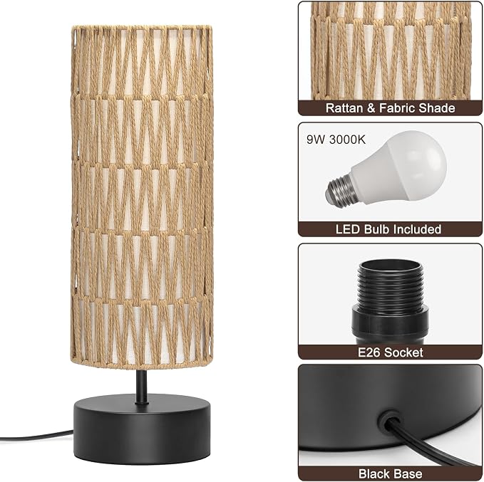 Rattan Table Lamp, Touch Control Bedside Table Lamp with Black Base, 3 Way Dimmable Nightstand Lamp with Dual-layer Shade, Boho Night Light for Bedroom Living Room Home Office, 9W LED Bulb Included - Image 7