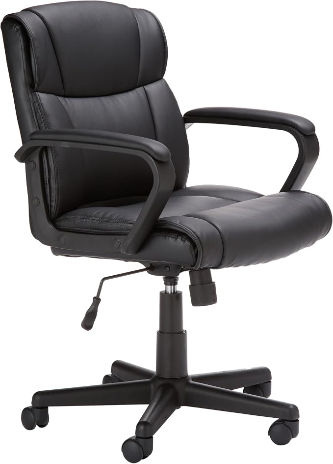 Amazon Basics Office Task Chair with Adjustable Height, 360° Swivel, Padded Armrests, Mid-Back, Rolling, 275 Pound Capacity, 24.2"D x 24"W x 34.8"H, Black Faux Leather by AmazonBasics