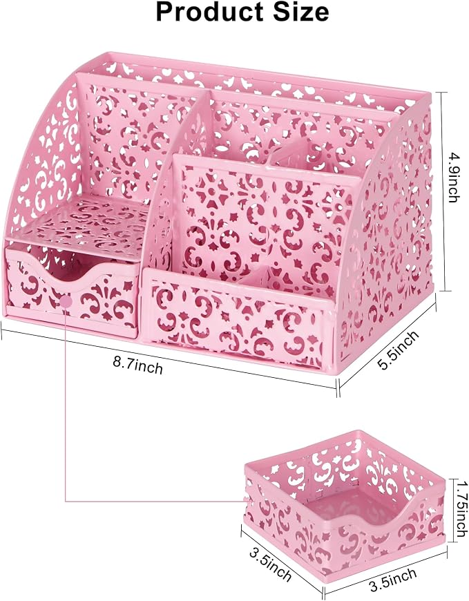 EasyPAG Desk Organizer and Pen Holder for Desk, Mesh Office Supplies Storage Caddy with Drawer for Small Space, Desktop Organizer for Home Office, Pink - Image 7