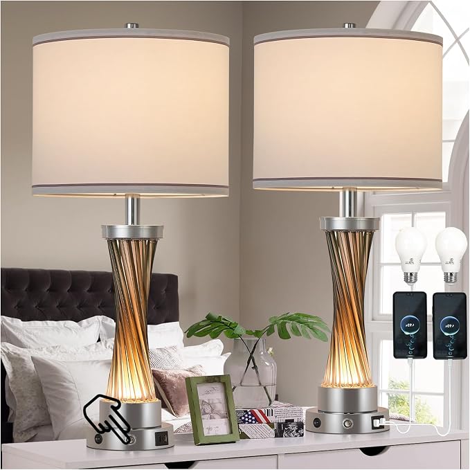 3-Way Dimmable Table Lamp Set of 2,Touch Control Lamp with Night Light,Modern Crystal Table Lamps for Bedroom,Living Room，Bedside Lamps with USB A+C Ports，Fabric Lampshade(Blubs Included) - Image 2