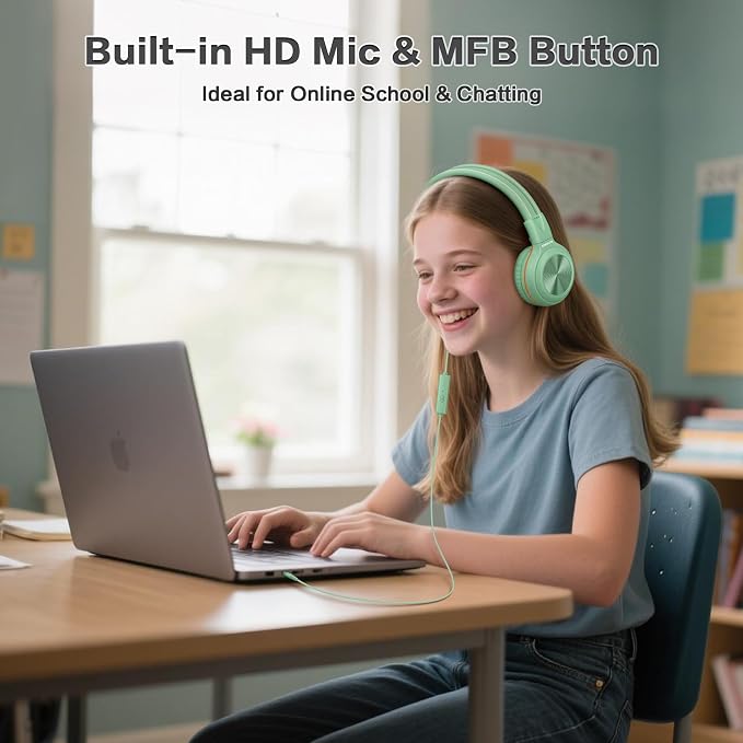 SIMOLIO Manyshare Series- Kids Wired Headphones with Microphone, Share Port & Volume Limit, Stereo Corded Headphone Girls, Boys, 3.5mm PC Headset Teens for Tablets Chromebook Laptop Travel (Green) - Image 3