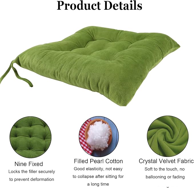 2 Pack Square Seat Cushion Chair Pads for Kitchen Dining Chairs, Soft Comfort Velvet Chair Mat Pillow Cushions with Ties for Office Desk Living Room Tatami 15.5", Green - Image 3