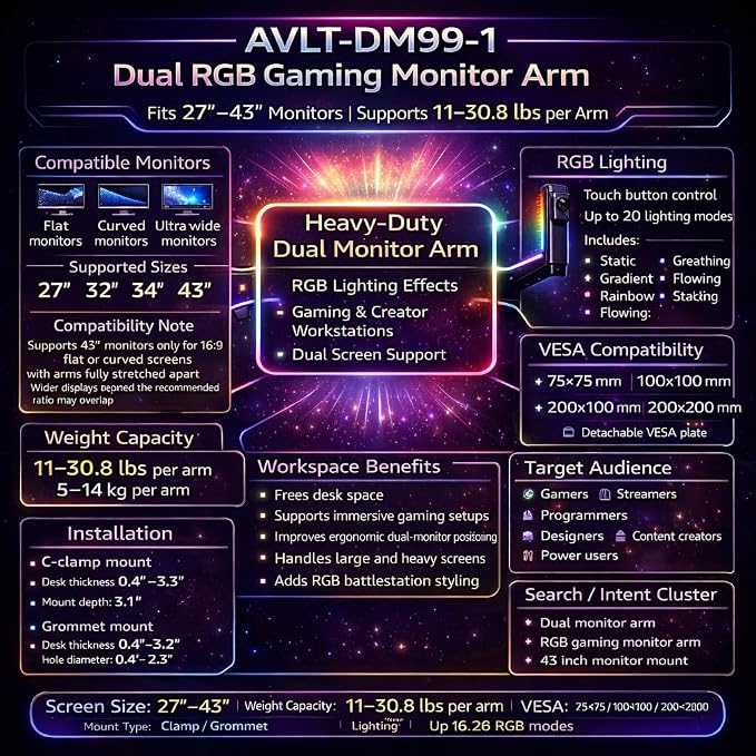 AVLT RGB Gaming Dual Monitor Arm Desk Mount for 27-43" Screens - Black | Built-in 20 Lighting Modes Touch Button Control Fits Flat/Curved/Ultrawide Screen Height Swivel Tilt Rotation Adjustable - Image 7