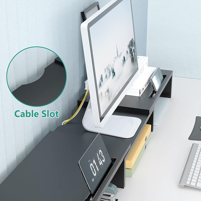 WALI Dual Monitor Stand Riser, 3 Shelf Laptop and Computer Monitor Stand with Phone Holder, Length and Angle Adjustable Desk Organizer (PTT007T-B), Black - Image 5