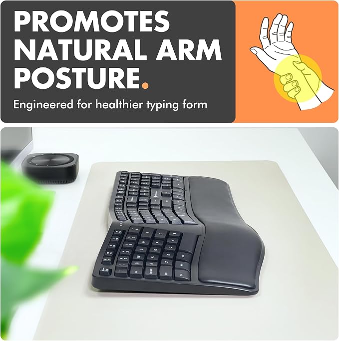 X9 Wireless Ergonomic Keyboard with Cushioned Wrist Support - Type Comfortably Longer - Wireless Split Keyboard for Laptop, PC & Chrome Computer with 110 Ergo Keys & 5ft Cable - Image 3