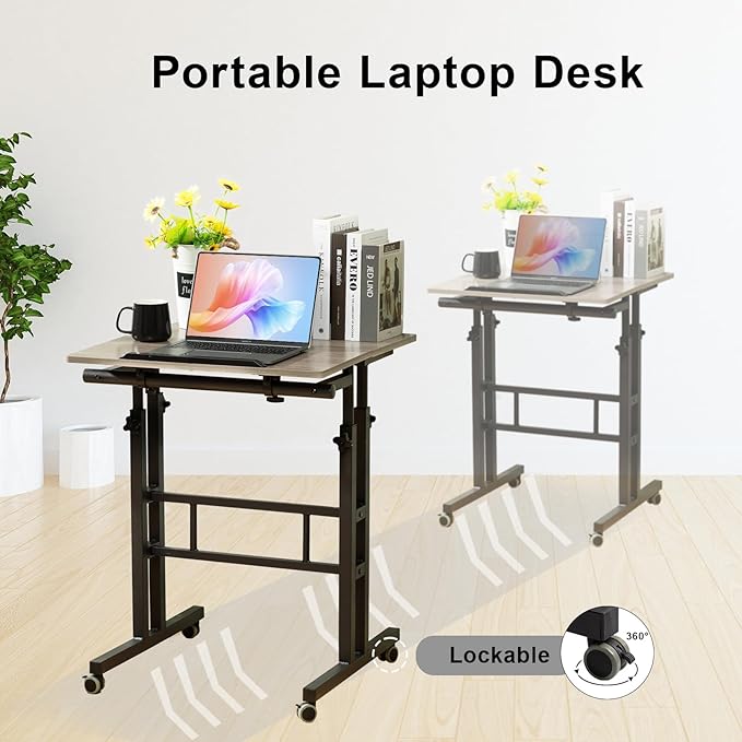 Hadulcet Mobile Standing Desk Adjustable Height with Charging Station | Standing Computer Desk, Standing Adjustable Laptop Cart with Wheels for Home Office Classroom Light Grey - Image 6