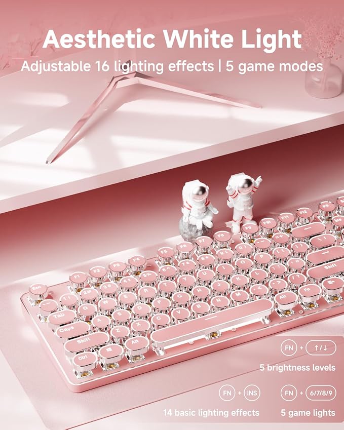 TK950 Typewriter Wireless Mechanical Keyboard, Aesthetic Tri-Mode Bluetooth/2.4G/Wired Retro Punk Typewriter Keyboard with White Backlit, Blue Switch, Round Keycaps for Laptop/Mac/iPad/Win, Pink - Image 4