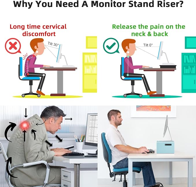 Marbrasse Wood Monitor Stand Riser,Desk Computer Printer Shelf Stand，Blue | 2 Tier Laptop Computer Screen Storage, Desktop Stand with Phone Holder and Cable Management - Image 5