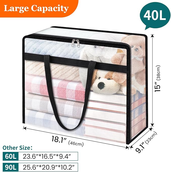 TasticTotes 4 Pack Clear Storage Bags for Comforter, Clothes & Bedding, 40L | Plastic Blanket Storage with Zipper & Handle, Foldable Moving Bags, Closet Organizer and Under-Bed Storage Containers - Image 2