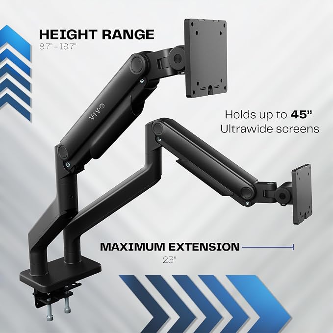 VIVO Heavy Duty Dual Ultra-Wide Monitor Tension Arm, Up to 45 inch Screens, Holds 44 lbs per Arm, Premium Desk Mount Monitor Stand for 2 Ultrawides, Black, STAND-V200V - Image 3