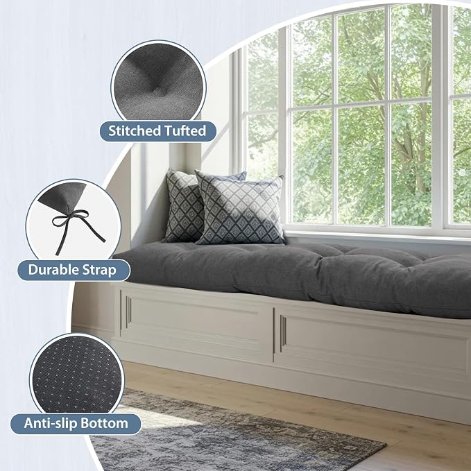 36 Inch Bench Cushions for Indoor Furniture | Super Soft Rectangle Bench seat Cushion Pad with Non-Slip Bottom, Waterproof Bench Pad for Window Porch(Grey, 36x15x4.5In) - Image 3
