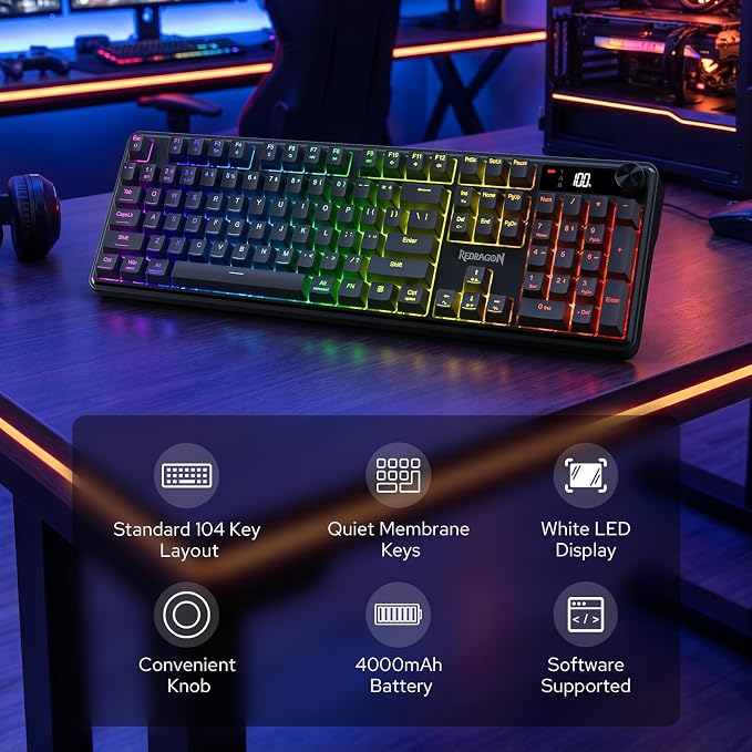 Redragon Wireless K526 PRO Membrane Keyboard & M693 PRO Gaming Mouse Combo | LED Info Display & Knob, 0-Delay Tri-Mode Both Devices, Adjustable DPI Up to 4800, Shared Dongle for Cordless Desktop - Image 2