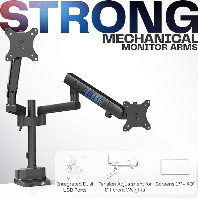VIVO Premium Aluminum Full Motion Dual Monitor Desk Mount Stand with Lift Engine Arm, Pole Extension, and USB Ports, Fits Ultrawide Screens up to 40 inches, STAND-V102BDU - Image 3