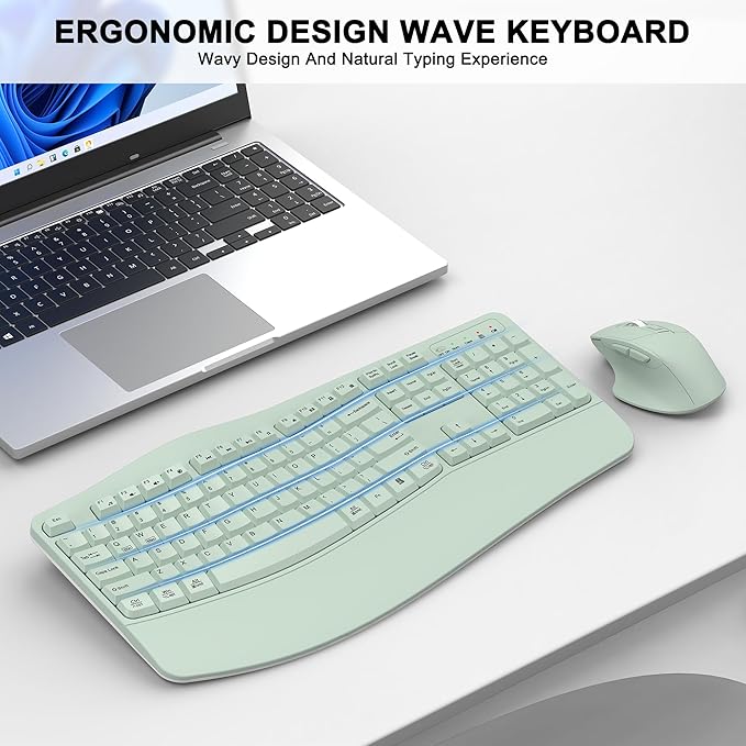Wireless Keyboard and Mouse Combo, 2.4G Ergonomic Wave Key(Avocado Green) | Full Size Wave Keyboard with Wrist Rest, 3-Level DPI Adjustable Ergonomic Mouse for Windows and Mac OS Desktop/Laptop/PC - Image 2