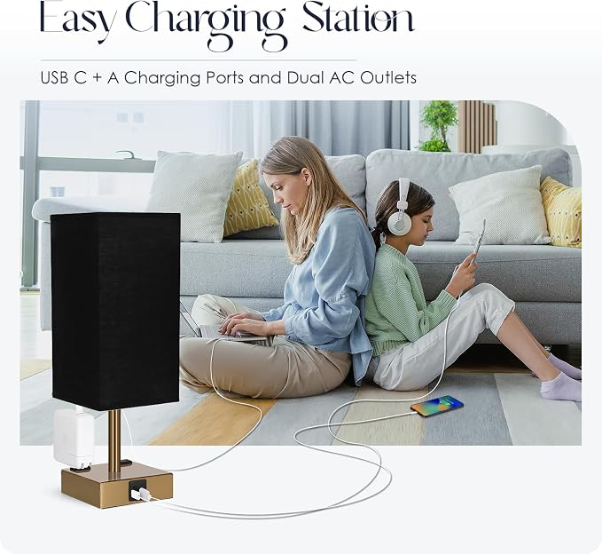 Bedside Lamp with USB Ports - Touch Control Table Lamp for Bedroom with USB C+A Charging Ports & AC Outlets, 3 Way Dimmable Nightstand Light for Living Room (LED Bulb Included, Brass - Black) - Image 6