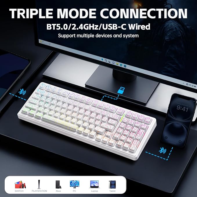 Aula F99 Creamy Keyboard Wireless Mechanical Custom Gaming Keyboards | 96% Computer Keyboard,Hot Swappable RGB Backlit Keyboards,Full Size Topographic Side-printed Keycaps,LEOBOG Switch - Image 3