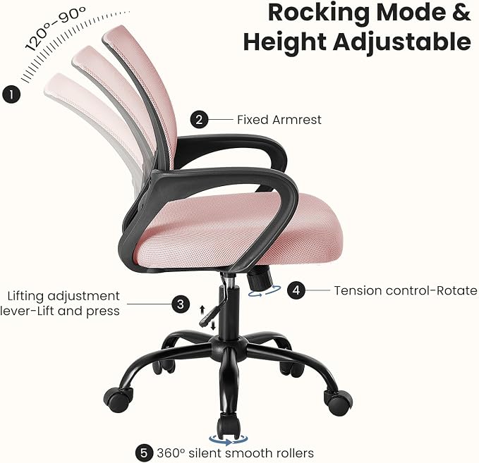 DUMOS Ergonomic Office Chair, Executive Desk Chair with Lumbar Support | Mid Back, Breathable Backrest, Fixed Armrest, Height Adjustable, 360° Swivel, Computer Gaming, Meeting, Pink - Image 4