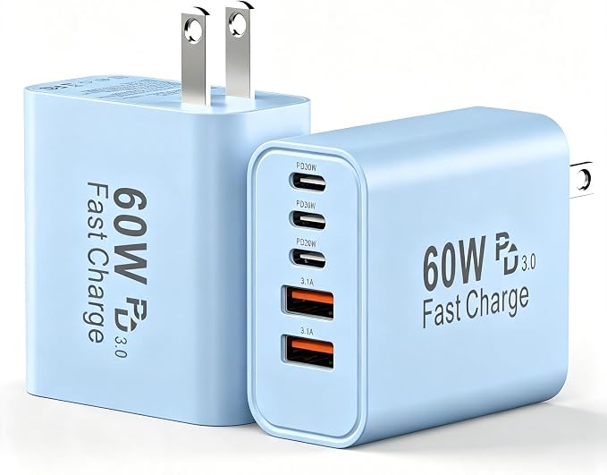 USB C Charging Blocks, 60W USBC Wall Fast Charger Block, Type C Phone USB C Charger Fast Charging Brick, 5-Port Multiport Charger Plug Power Adapter for Phone 17/16/15/14/13 Pro Max, Pad, S25-Blue by Duloch