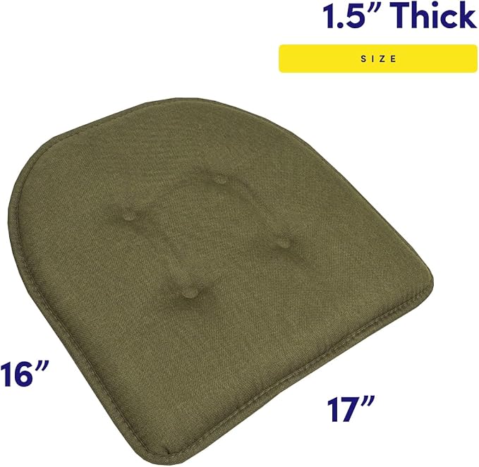 Sweet Home Collection Chair Cushion Memory Foam Pads Tufted Slip Non Skid Rubber Back U-Shaped 17" x 16" Seat Cover, Army Green 6 Count - Image 2