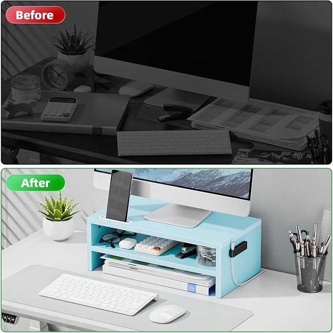 Marbrasse Wood Monitor Stand Riser,Desk Computer Printer Shelf Stand，Blue | 2 Tier Laptop Computer Screen Storage, Desktop Stand with Phone Holder and Cable Management - Image 4