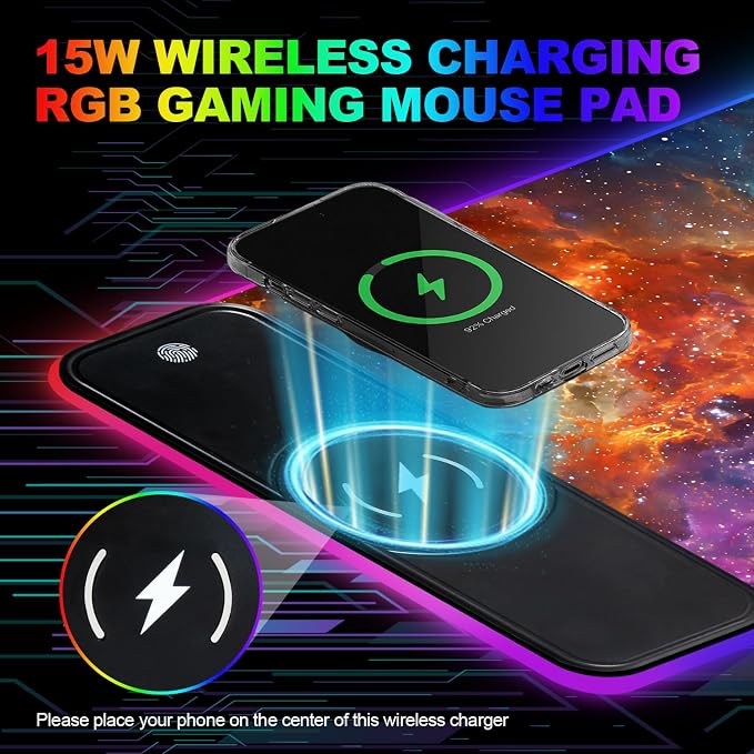 Wireless Charging RGB Gaming Mouse Pad, 31.5 x 11.8 Inch Extended Mouse Mat with Galaxy Nebula Design, LED Desk Pad with 7 Lighting Modes, Non-Slip Base for Gaming & Office - Image 6