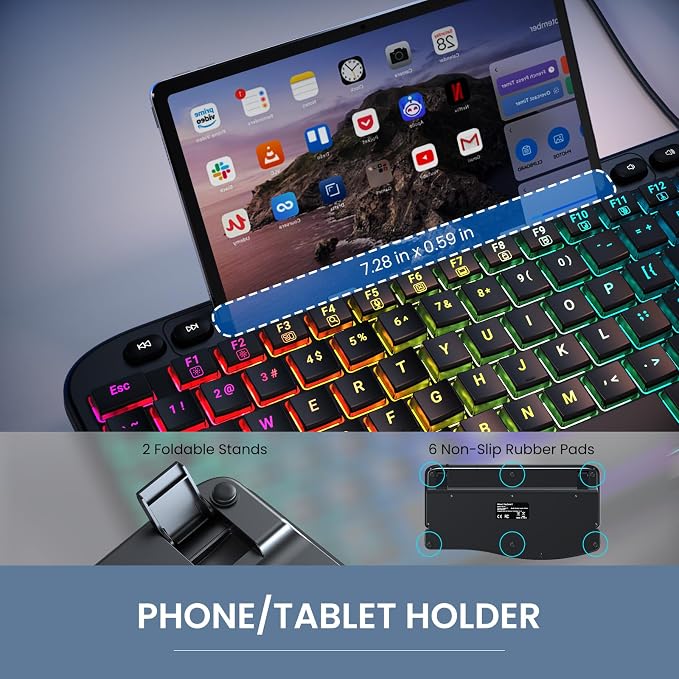 Wired Ergonomic Keyboard, Backlit USB Computer Keyboard with Wrist Rest | 7-Color Backlit Keyboard with Wrist Rest, Wave Keys, Phone Holder, Lighted Keyboard for PC, Laptop, Windows, and Mac - Image 7