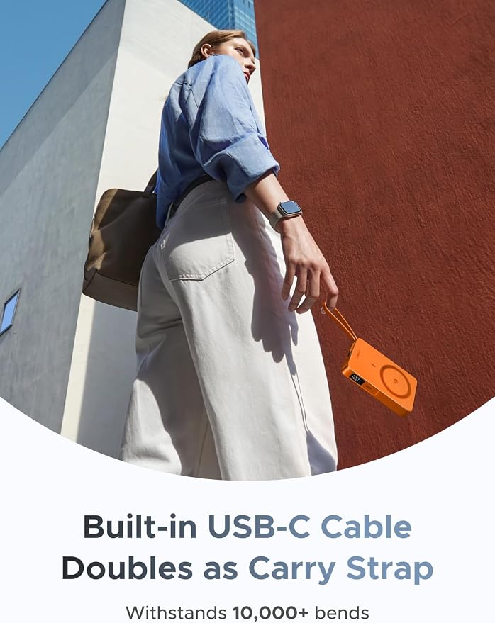 UGREEN MagFlow 10000mAh Qi2 25W Wireless Power Bank Built-in Cable | Qi2 25W wireless, built-in cable, 30W PD wired. MagSafe compatible. Orange for iPhone 17/12 - Image 4