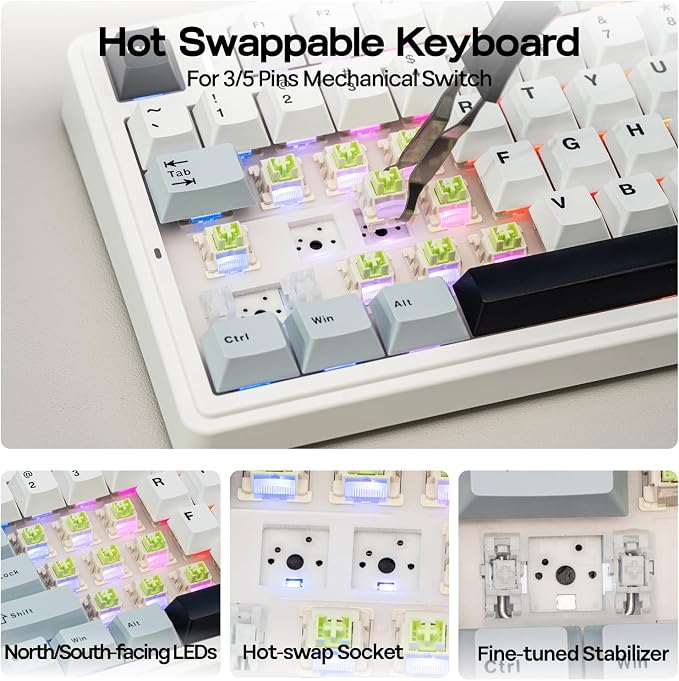EPOMAKER x Aula F75 Gasket Mechanical Keyboard, 75% Wireless Hot Swappable Gaming Keyboard with Five-Layer Padding&Knob, BT/2.4GHz/USB-C, RGB (Light Blue, LEOBOG Reaper Switch) - Image 5