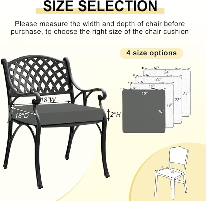 downluxe Waterproof Outdoor Chair Cushions for Patio Furniture, 18" x 18" x 2" Patio Chair Cushion with Non-Slip Ties & Portable Handle, Square Outdoor Cushion with Removable Cover, Dark Grey, 2 Pack - Image 6