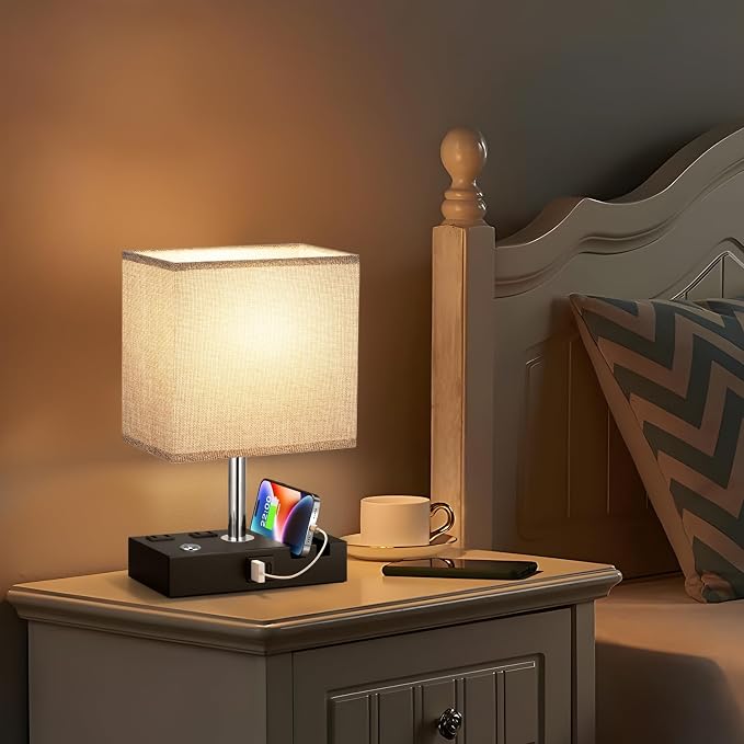 Touch Bedside Table Lamp for Bedroom, 3-Way Dimmable, USB C+A, 2 AC Outlets | Base Touch Button Only, USB C+A Ports, 2 Phone Stands, LED Bulbs Included, Rectangle Grey Lampshade, for Living Room, Desk - Image 2