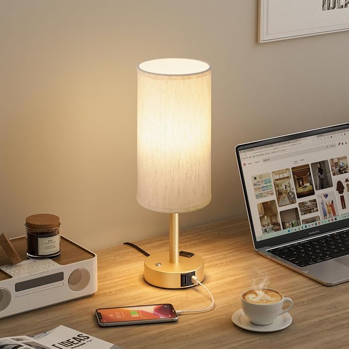 Gold Touch Bedside Lamp for Bedroom, Stepless Dimmable, USB A+C, AC Outlet | Base Touch Button Only, Memory Brightness, Ultra-dim Night Light, Included Bulb for Optimal Dimming, Cream Fabric Shade, Desk - Image 8