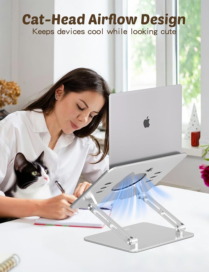 Aoviho Laptop Stand for Desk – Adjustable Aluminum Laptop Riser with Unique Cat-Shaped Cooling Vent, Portable Desk Gift & Decor, Compatible with MacBook Air Pro, Dell, HP, Lenovo (10"-17.3"), Silver - Image 3