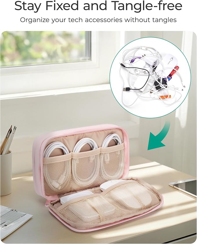 BAGSMART Electronics Organizer Travel Case for Cords Chargers Phones, Beige | Puffy Padded, Travel Essentials, Cord organizer bag for Cables, Compact Tech Accessories Pouch - Image 3
