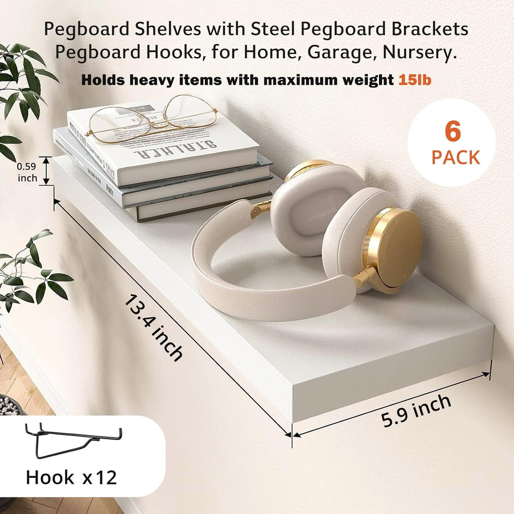 Pegboard Shelf Set - 6 Heavy Duty Peg Board Shelves & Steel Brackets, Organizer for Storage, Garage, Workbench, Craft, Office - Image 2