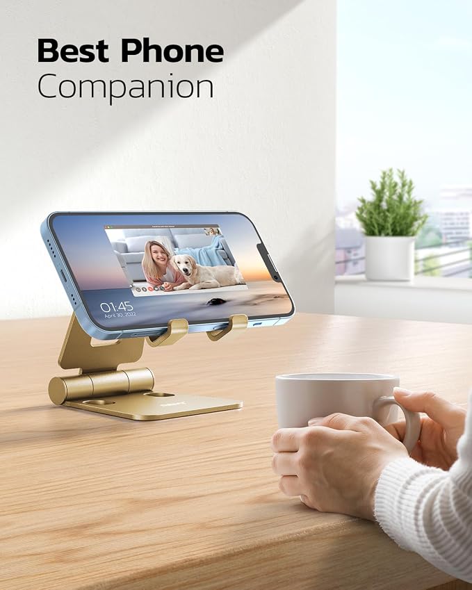 Nulaxy Full Aluminum Dual Folding Cell Phone Stand for Desk, Gold | Height Angle Adjustable, Portable, Anti-Slip Base, Fits 18mm Thick Case Smartphone, Nintendo Switch Desk Essential Accessory - Image 6