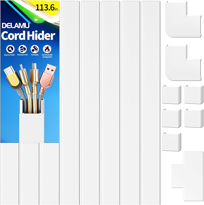 Delamu Cord Hider for Wall Mounted TV, 113.6in Paintable Cable Cover System, Self-Adhesive Cable Management Raceway Kit Hides 3-4 Wires, Baseboard Wire Hider Easy Installation, W 1.18 H 0.60in, White by DELAMU