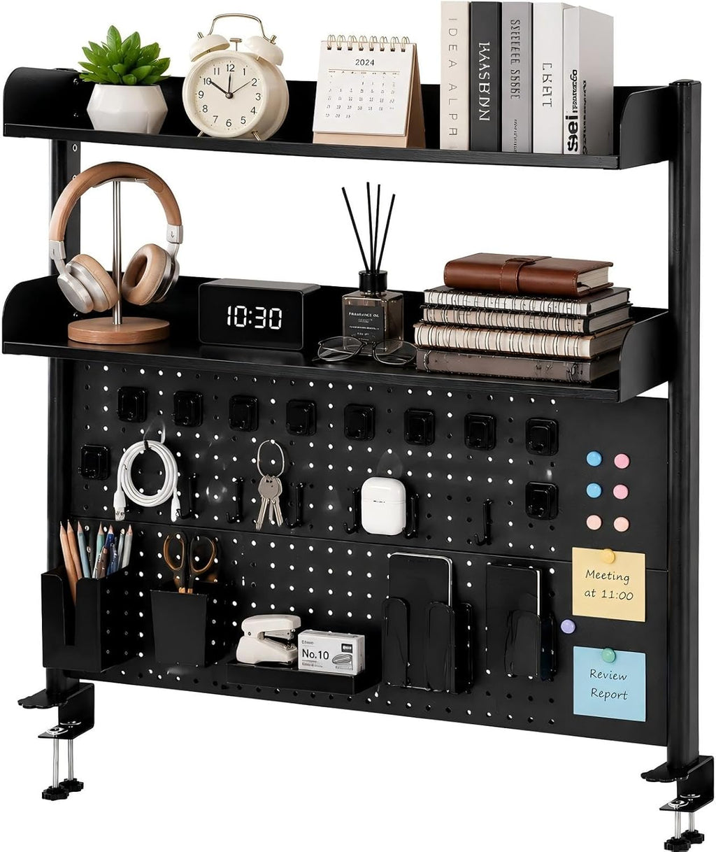 Clamp-On Desk Hutch with Pegboard, 39.5 x37.5in 2-Tier Desktop Organizer Shelf, Carbon Steel Frame with 2 Shelves and Pegboard Storage, for Office, Dorm, Study by siohdagu