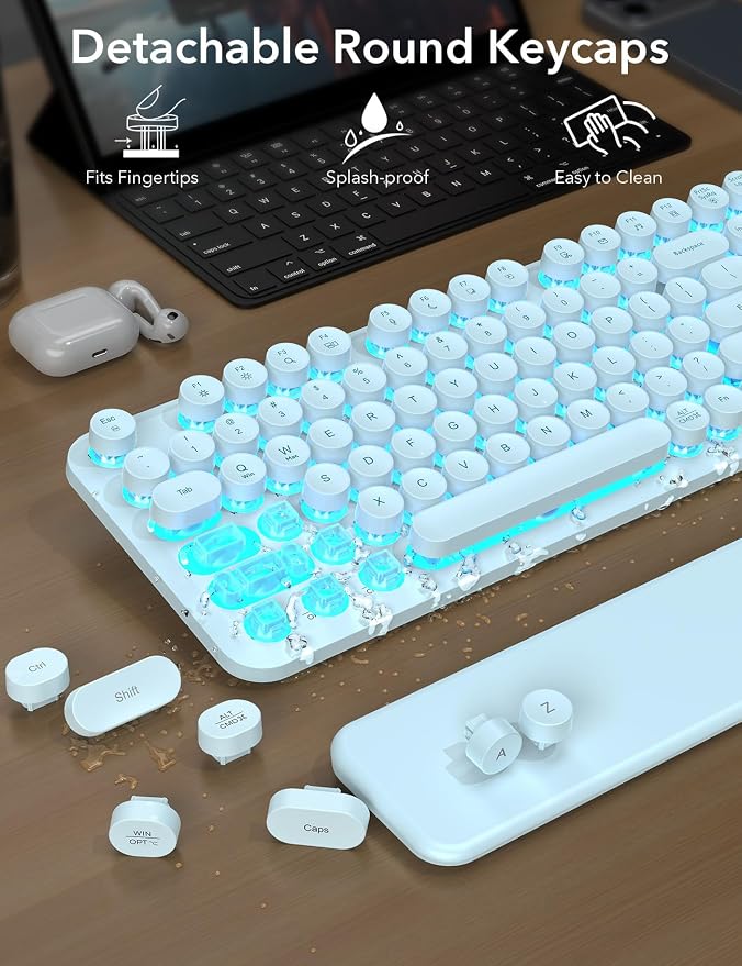 Wireless Keyboard and Mouse Backlit - Typewriter, Magnetic Wrist Rest | Retro Round Keys, Light Up Letters, 2.4GHz Cordless Combo for Mac, Windows, PC, Laptop, Trueque CK23Pro [Upgraded] - Image 6