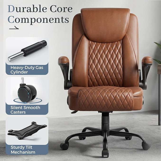 GTPOFFICE Executive Office Chair with Comfortable Lumbar Support, Ergonomic Gaming Chair with Flip-up Armrests & Zoned Pressure-Relief Cushion, Comfy PU Leather Desk Chair, Brown - Image 10